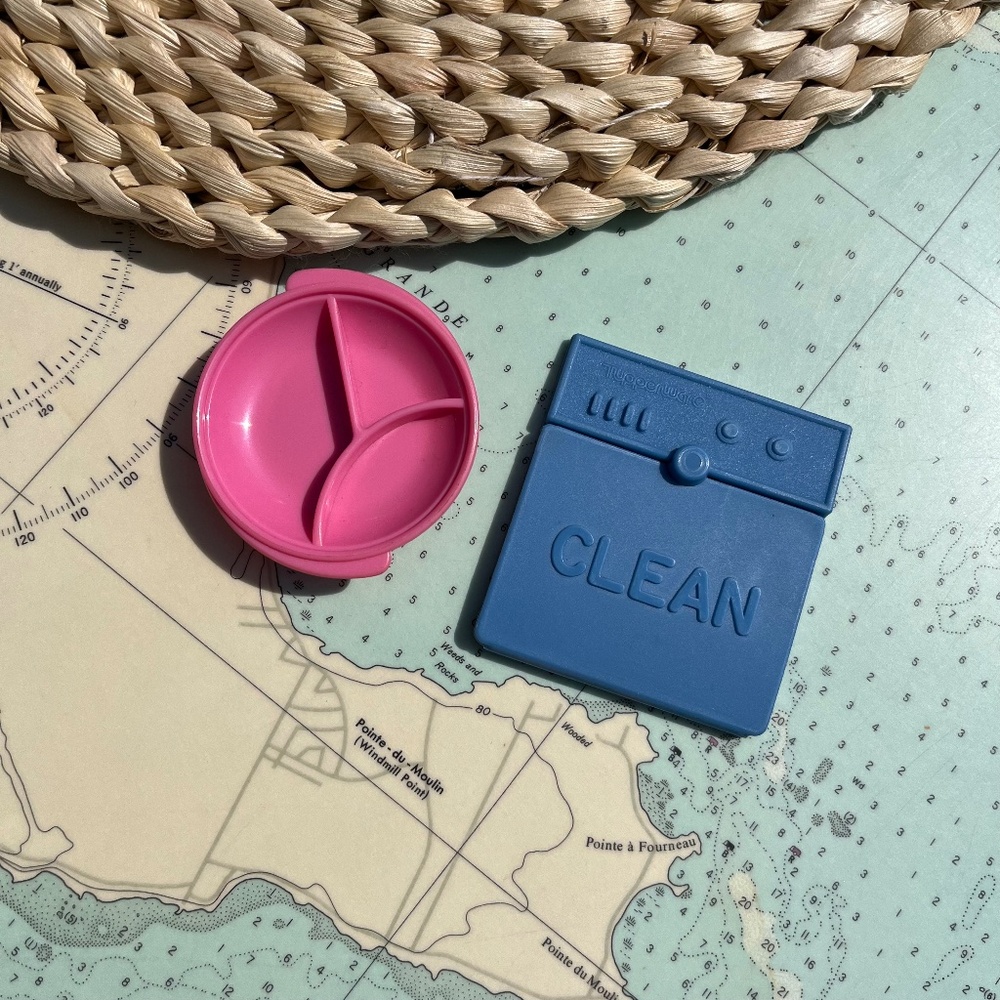 Tupperware Pink Round Divider Tray & Blue 'CLEAN' Silicone Lid Cover